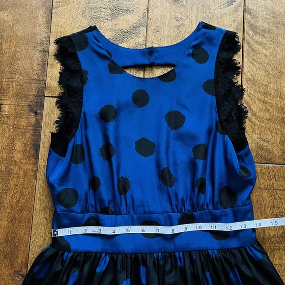 Corey Lynn Calter Blue Black Polka Dot Open Back Sleeveless Dress w/ Lace Edge - Picture 9 of 11